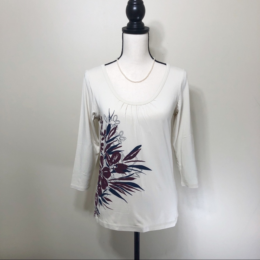 Pendelton Petite Women’s 3/4 Sleeve Cream Floral Graphic Top Size Small S